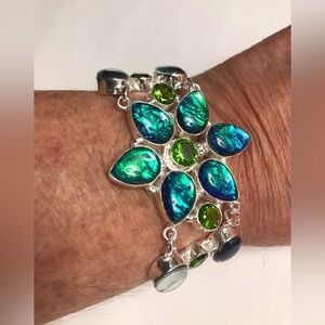 Triple Fire Opal Blue Stamped 925 Sterling Silver Bracelet